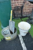 Enamel Bucket, Mop Bucket, and a Shovel