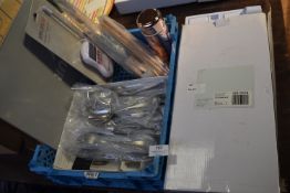 Various Kitchen Items Including Thermometer Probe, Barbecue Tool Set, Utensils, and Cutlery