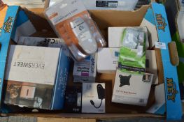 Box of Various Digital Clocks, TV Wall Brackets, Magnifying Glass, etc.