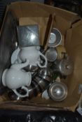 Box Containing Assorted Teapots, Saucers, Coasters, etc.