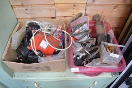 Two Boxes of Battery Charger, Air Bed Inflators, and Car Parts