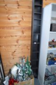 CD Storage Unit and a Box Containing Various Christmas Items, and a Chandelier
