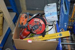 Box Containing 240v Extensions, Spirit Levels, Fire Extinguisher, etc.