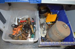 Two Boxes of Various Tools Including Wire Brush, Dampproof Membrane, etc.