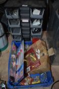 Contents of Tray to Include Handles, Super Glue, etc, plus Plastic Storage Drawers