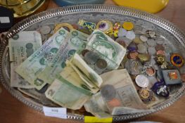 Tray Lot of Coinage, Banknotes, and Enamel Badges