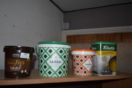 Jus Veal Concentrated Base, Opened Tubs of Salts, and Chicken Powder