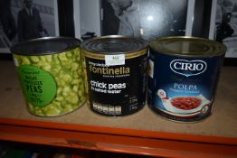 Large Tin of Chopped Tomatoes, 2.5kg of Chickpeas, and 2.6kg of Mushy Peas