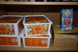 Contents of Shelf to Include Four Boxes of Biscuits (one open), Prawn Crackers, etc.
