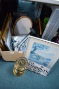 Framed Pictures, Prints, and a Brass Lamp