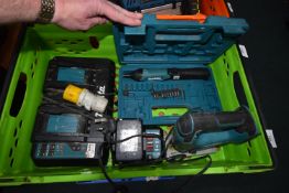 Makita Double Charger, DF001 Driver, Jig Saw, and a Battery