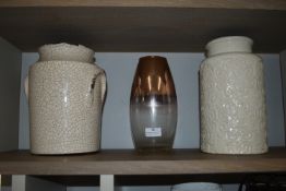 Glass Vase and Two Pottery Vases