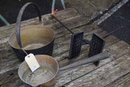 Two Brass Jam Pans and a Waffle Iron