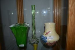 Two Green Glass Vases, and a Radford Pottery Vase