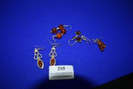 Four Pairs of Sterling Silver & Amber Earrings