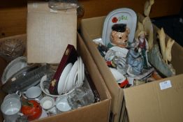 Two Boxes of Pottery, Glassware, Ornaments, etc.