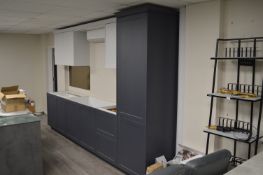 *Matt Grey Kitchen Base Units (no worktop or fittings) and White Wall Cupboards (fridge not