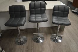 *Three Grey Faux Leather Gas-Lift Barstools on Chrome Pedestal