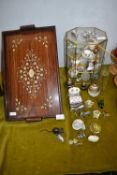 Inlaid Tray, Glass Cabinet, and Small Animal Colle
