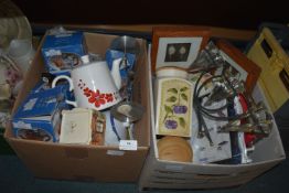 Two Boxes of Household Goods, Pottery Items, and K