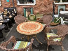 Circular Mosaic Effect Table with Four Rattan Style Patio Chairs