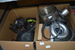 Two Boxes of Kitchenware, Pans, Cake TIin, etc.