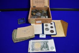 Vintage Cigar Box Containing Banknotes, Coinage, a