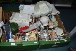 Two Boxes of Pottery, Ornaments, Lamps, etc.