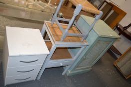 Side Stand, Basket Chair, Three Drawer Bedside Cabinet, and a Kitchen Cupboard