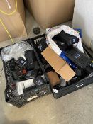 Two Baskets of Batteries and Chargers for Cordless Gardening Tools