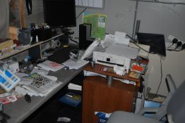 Contents of Office to Include Office Chair, Printer, Laminator, Monitor, Clock, Countertop Fridge,
