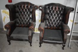 Pair of Chesterfield Style Brown Leatherette Armchairs (no seat cushions)