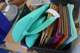 Box of Folders, Plastic Wallets & Two Office Seat Lower Back Cushions