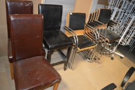 Seven Stackable Metal Framed Chairs with Faux Leather Seats and Backs, and Three Faux Leather Side