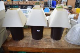 Three Brown Faux Leather Table Lamps, and Three Faux Leather Bins