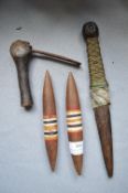 Four Small Ethnic Carved Wooden Items Including Hand Axe etc.
