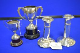 Pair of Small Silver Candlesticks (filled) and a Pair of Silver Trophies 88g total (sold a scrap)