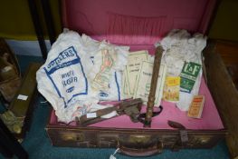 Vintage Case Containing Flour Sacks, Animal Trap, and a Truncheon