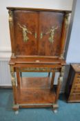 Vintage Burr Ash and Mahogany Veneered Mirrored Back Cabinet with Writing Slide
