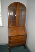 1930’s Oak Bureau with Glazed Cabinet Featuring Coloured Leaded Glass Panels