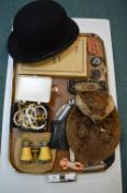 Tray of Collectibles Including a Sporran, Bowler Ha