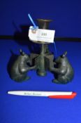 Patinated Brass Candle Holder Featuring Three Mice Reading Books