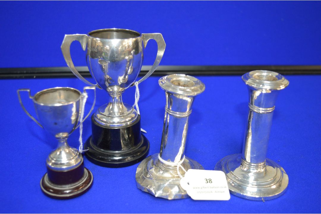 Pair of Small Silver Candlesticks (filled) and a Pair of Silver Trophies 88g total (sold a scrap) - Image 2 of 2