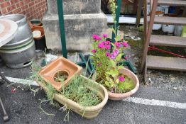 Two Plastic Garden Planters and a Salt Glazed Drai
