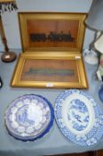 Blue & White Plate plus Two Framed Railway Prints