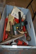 Box of Assorted Tools Including Drill, Hammer, Chi