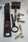 Vintage Wooden Plane, mallet, Brass Door Furniture
