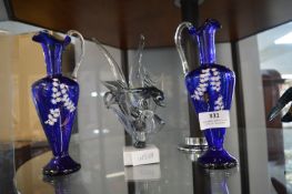 Two Blue Glass Ewers and a Fish Ornament