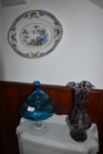 Two Decorative Glass Pieces, and a Meat Plate