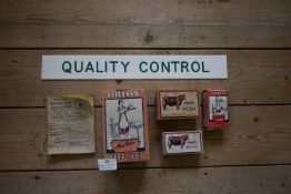 Vintage Suet Boxes, Ration Book, and a “Quality Control” Sign